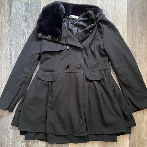 Black‎ Double-Breasted Women's Princess Pea Coat with Fur Trim Size Medium - Picture 2 of 6